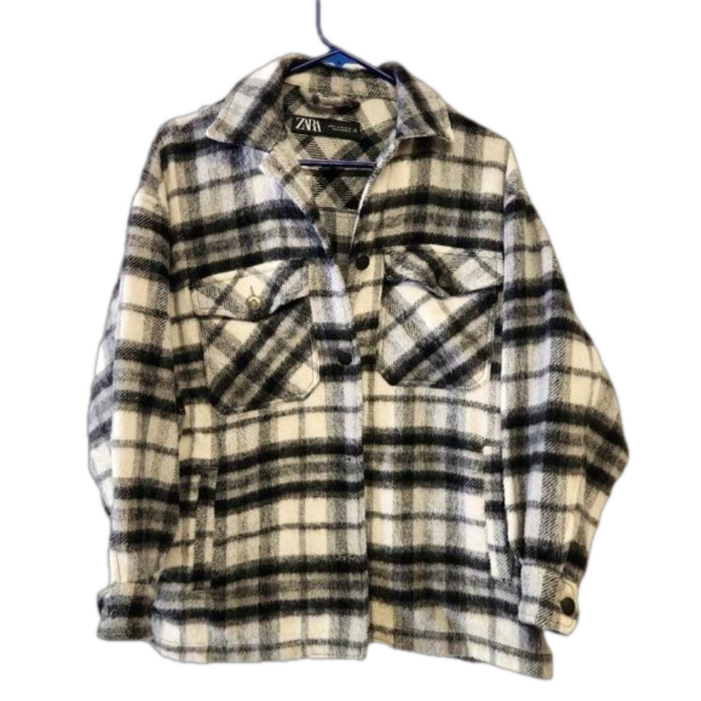 3/$25 Zara white black plaid shacket button down jacket size USA XS oversized